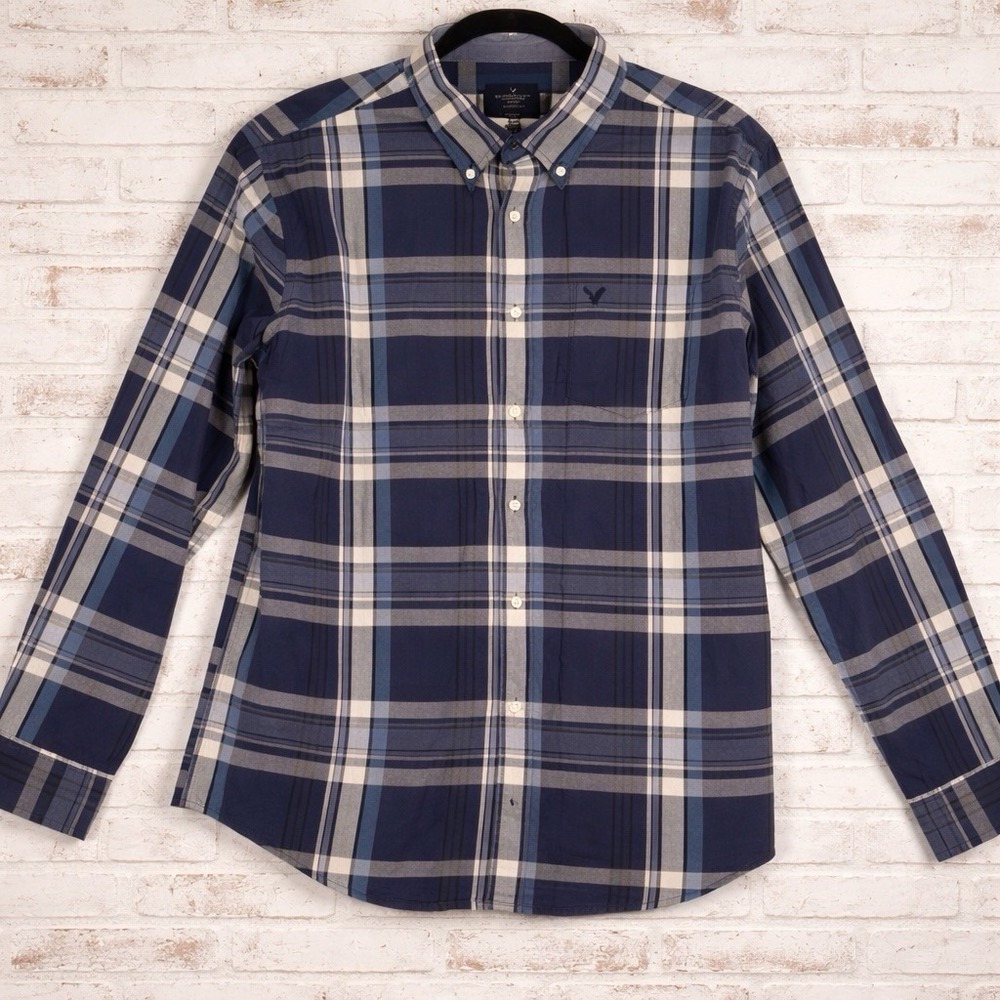 American Eagle Navy Plaid Men's Classic Fit Button Down Shirt XXL - Picture 1 of 4